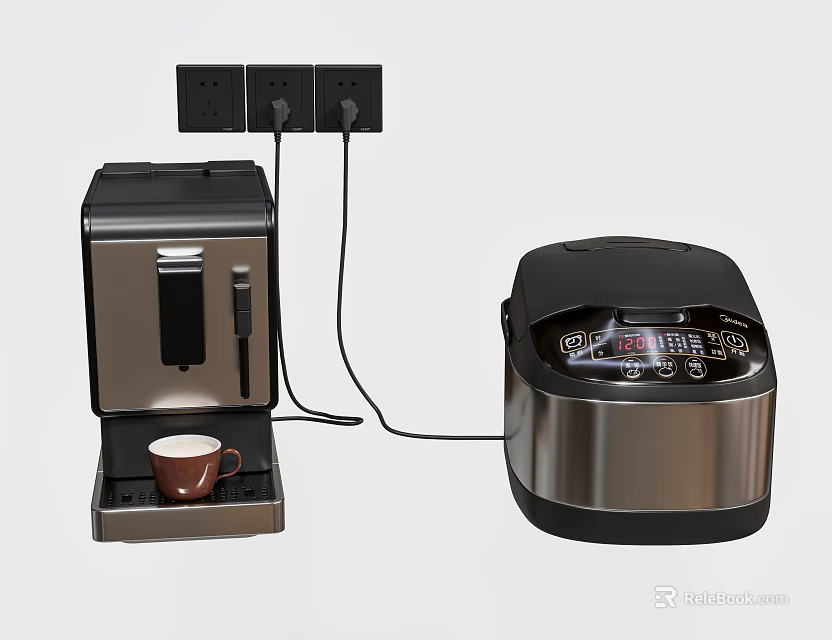 Modern Kitchen Appliances Featuring Coffee Maker Rice Cooker Coffee Cup And Power Socket 3d model 