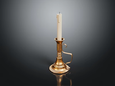 Gold Candle Lamp With White Candle Curved Handle And Round Base On Dark Background 3d model