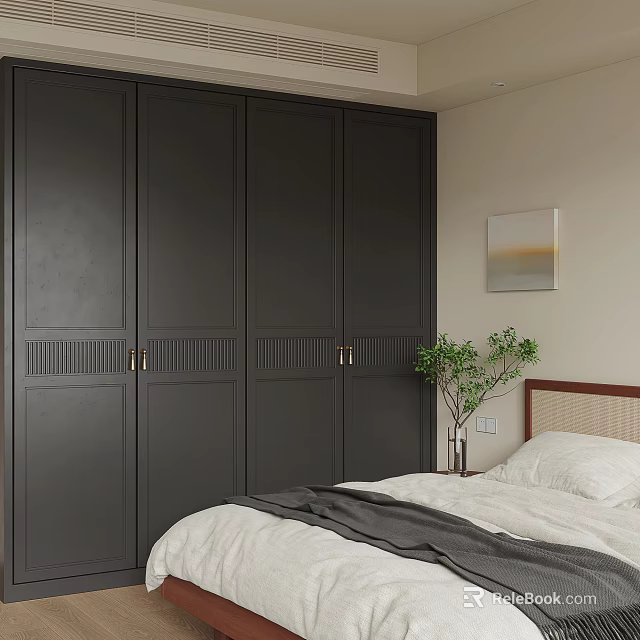 Dark Paneled Wardrobe with Brass Handles in Bedroom Featuring Potted Plant and Wall Art 3d model 