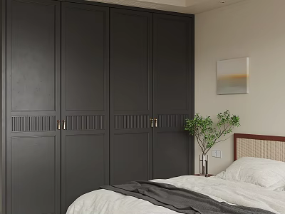 Dark Paneled Wardrobe with Brass Handles in Bedroom Featuring Potted Plant and Wall Art 3d model