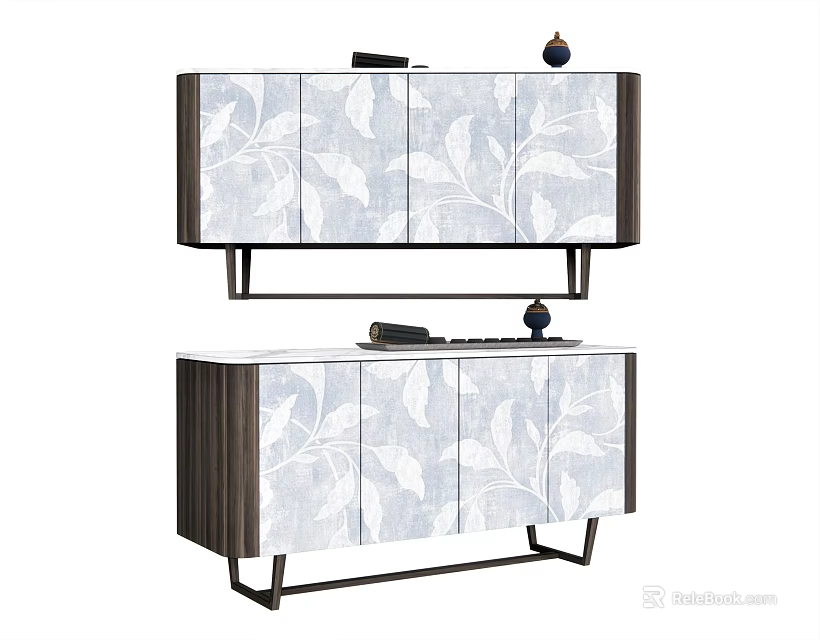 Elegant Modern TV Stand With Leaf Patterned Doors And Slim Metal Legs 3d model 