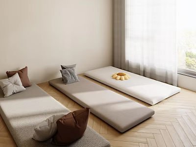 Minimalist Tatami Room Interior With Sunlight Wooden Floor Pillows And Mats 3d model