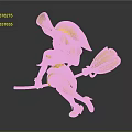 Green Skinned Witch Wearing Purple Hat And Outfit Riding Broomstick With Orange Head