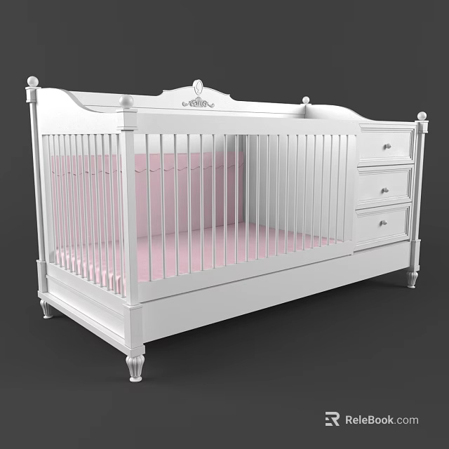 Classic White Baby Crib With Decorative Details Pink Mattress And Drawers 3d model 