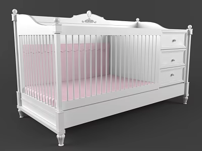 Classic White Baby Crib With Decorative Details Pink Mattress And Drawers 3d model