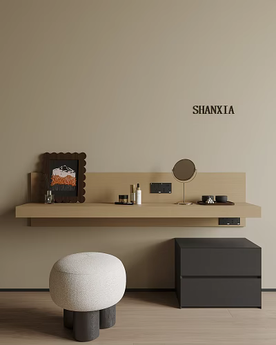 Light Brown Dressing Table On Beige Wall With Round Mirror Skincare Items And White Stool 3d model