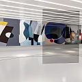 Modern Bright Gallery Interior With Colorful Abstract Paintings White Ceiling Lights And Red Geometric Installation