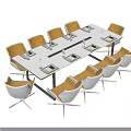 Modern Conference Table Design With White And Wooden Chairs And Tabletop Decorative Bottles
