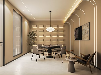 Modern Hotel Mahjong Room Interior With Comfortable Chairs Mahjong Tables And Decorative Paintings 3d model