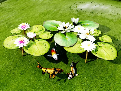 Beautiful Water Lilies and Lotus Leaves on Green Pond with Koi Fish 3d model