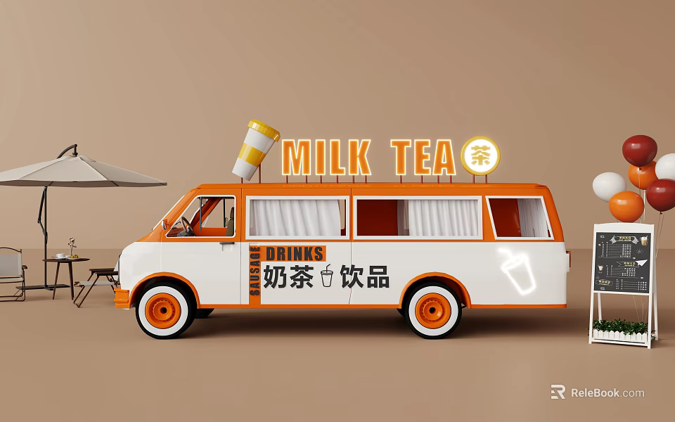 Orange White Milk Tea Van For Mobile Drinks Service With Beverage Design 3d model