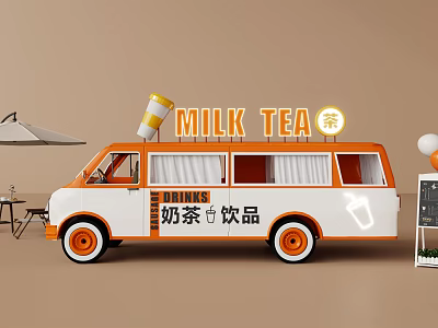 Orange White Milk Tea Van For Mobile Drinks Service With Beverage Design 3d model
