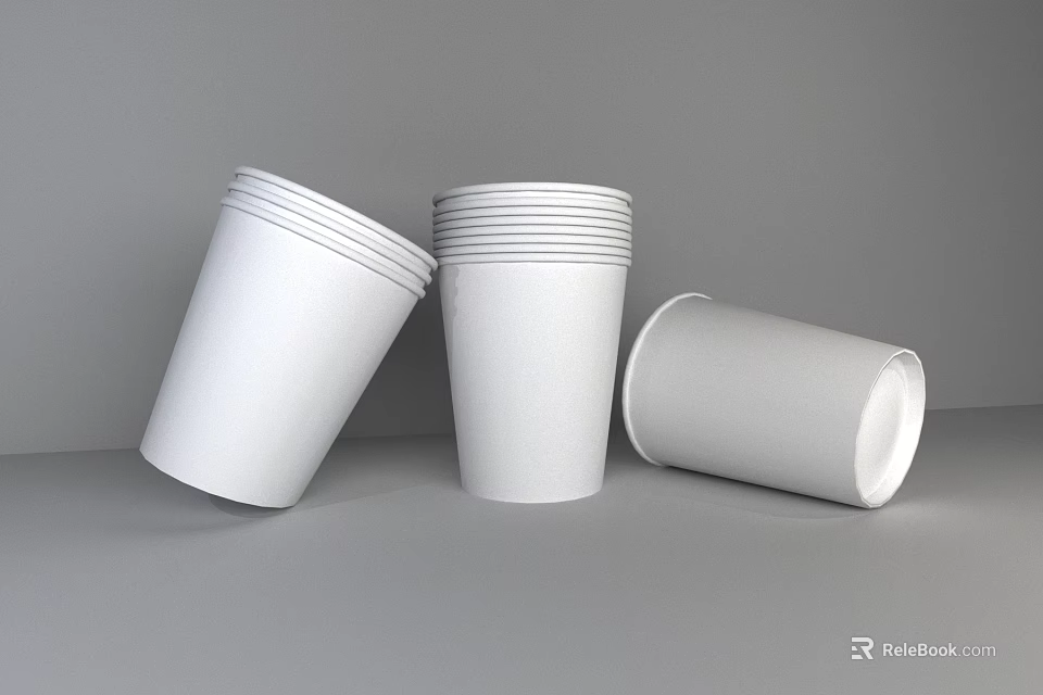 White Paper Cups Stacked And Tilted On Gray Surface Arrangement 3d model 