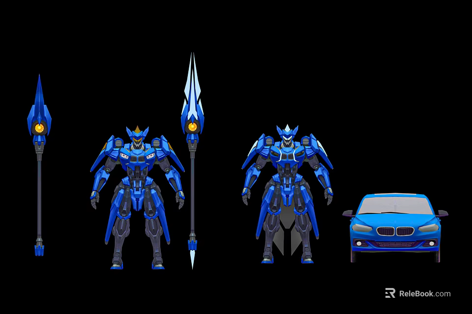 Blue Mech Warrior Characters With Yellow Light Spears And Blue Car 3d model