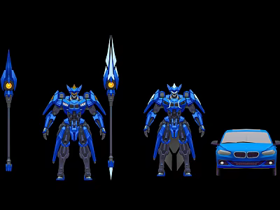 Blue Mech Warrior Characters With Yellow Light Spears And Blue Car 3d model