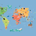 Colorful World Map Wall Decor with Animal Icons and Continent Labels