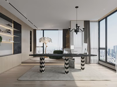 Modern Open Study Room Interior Design With Desk And Large Windows 3d model
