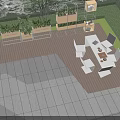 Outdoor Landscape Seats with Wooden Deck Green Plants Gray Pavement Tiles and Table