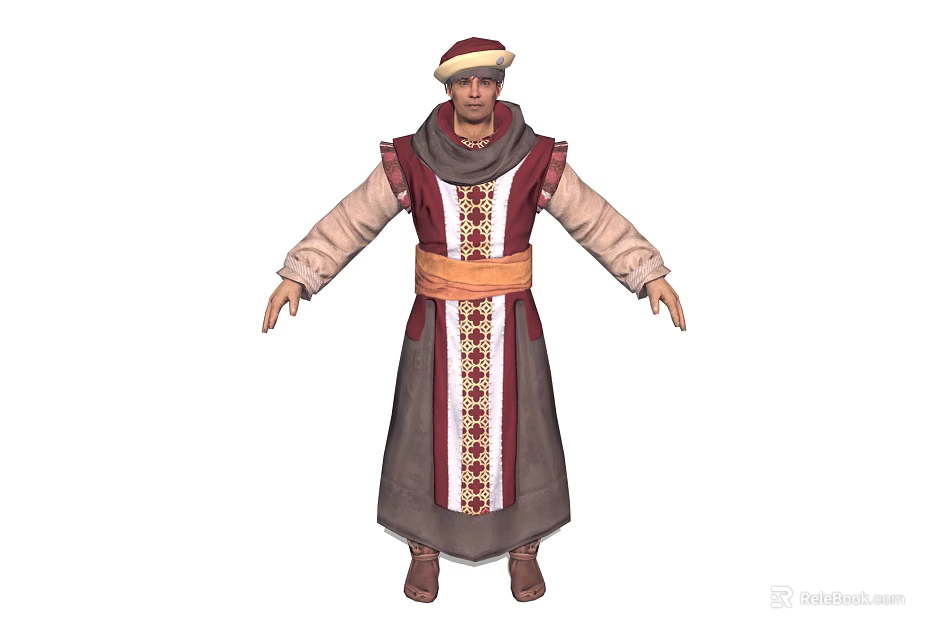 Traditional Ethnic Character In Decorative Robe With Belt Hat And Red Beige Details 3d model 