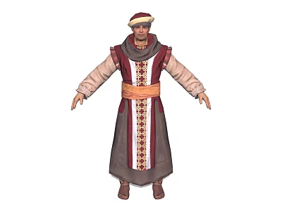 Traditional Ethnic Character In Decorative Robe With Belt Hat And Red Beige Details 3d model