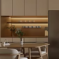 Modern Dining Living Room Interior With Beige Cabinets Wooden Shelves LED Lighting And Green Plant
