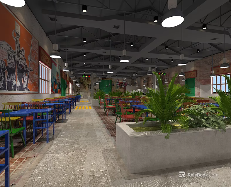 Vibrant Restaurant Interior With Colorful Tables Chairs Green Plants And Round Pendant Lights 3d model 