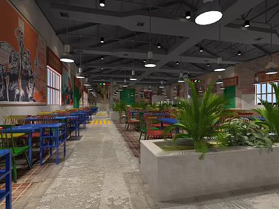Vibrant Restaurant Interior With Colorful Tables Chairs Green Plants And Round Pendant Lights 3d model