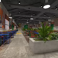 Vibrant Restaurant Interior With Colorful Tables Chairs Green Plants And Round Pendant Lights