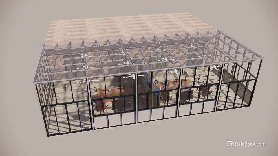 Steel Frame Glass Building With Transparent Curtain Walls And Interior Tables Chairs 3d model 