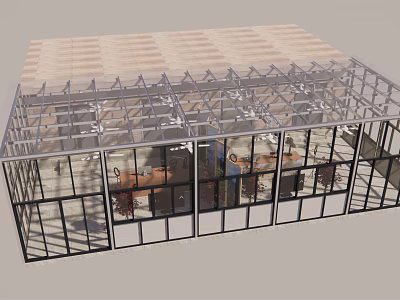 Steel Frame Glass Building With Transparent Curtain Walls And Interior Tables Chairs 3d model
