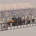 Steel Frame Glass Building With Transparent Curtain Walls And Interior Tables Chairs