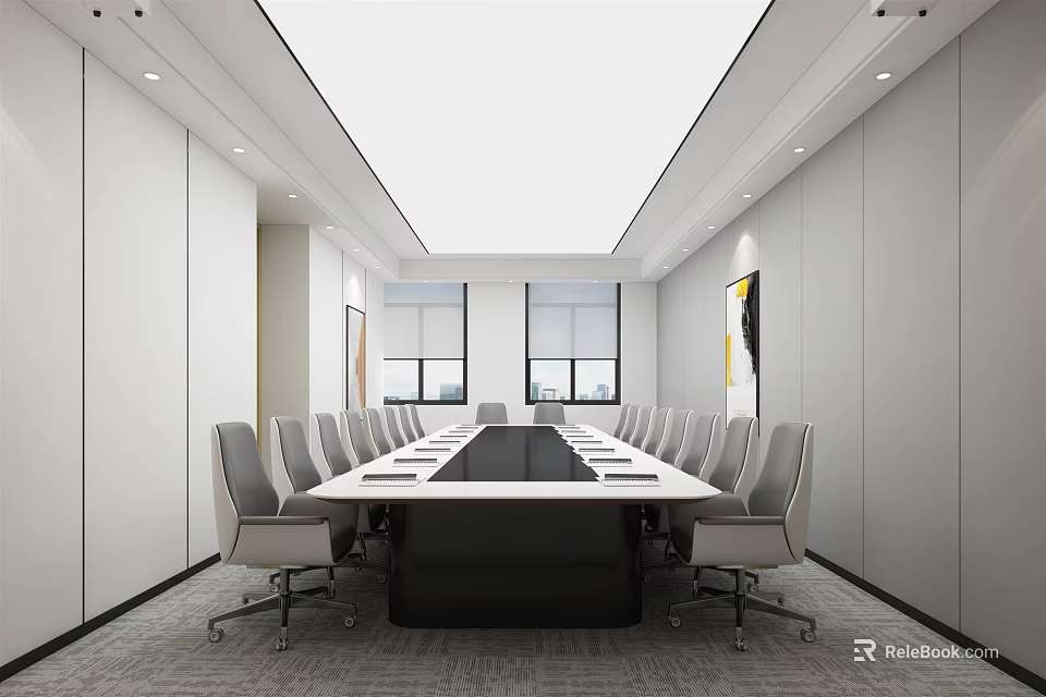 Modern Conference Room Interior With Long Table Gray Chairs White Walls And Windows 3d model 