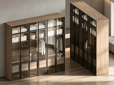 Modern Wooden Wardrobe With Glass Doors Hanging Clothes And Storage Shelves 3d model
