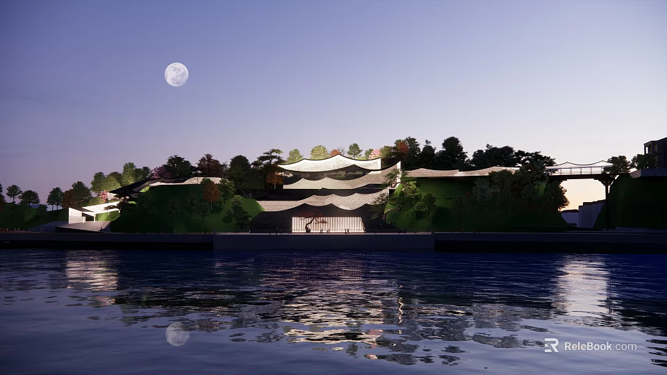 Modern Waterfront Architectural Structure With Moonlit Reflection Trees And White Canopy Roof 3d model