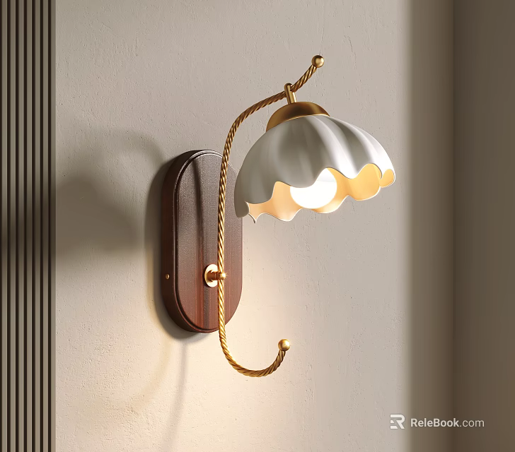 Brown Wooden Base Wall Light with Golden Arm and White Petal Shaped Lampshade Warm Illumination 3d model 