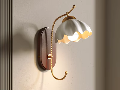 Brown Wooden Base Wall Light with Golden Arm and White Petal Shaped Lampshade Warm Illumination 3d model