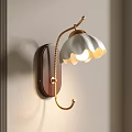 Brown Wooden Base Wall Light with Golden Arm and White Petal Shaped Lampshade Warm Illumination