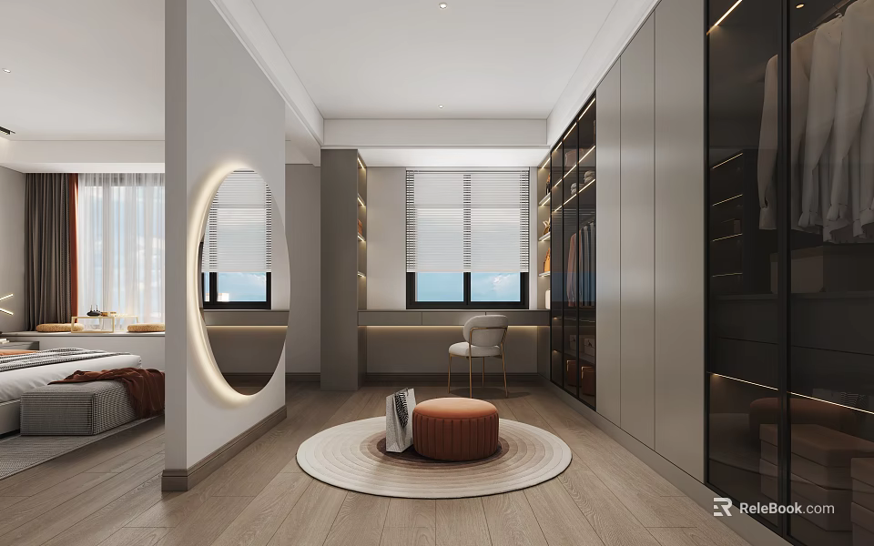 Modern Bedroom Interior Design With Wardrobe Round Mirror Rug And Dressing Table 3d model