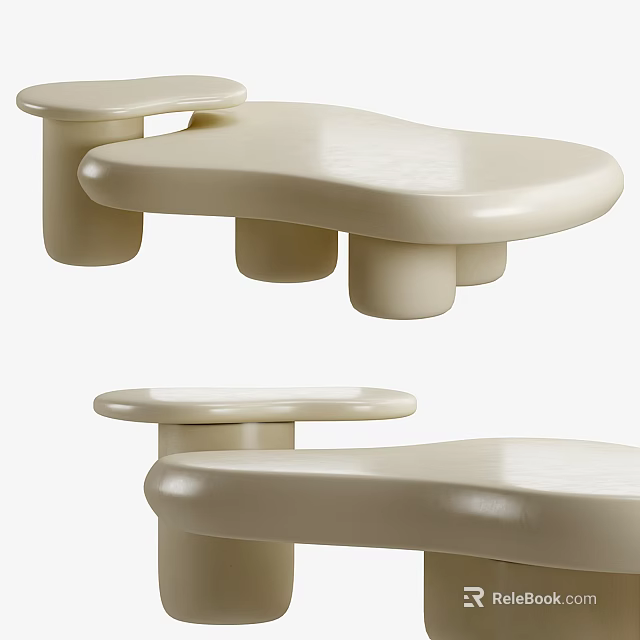Sleek Modern Beige Coffee Table With Irregular Smooth Surface And Cylindrical Support Legs 3d model