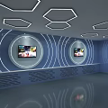 Blue Themed Tech Exhibition Hall With Hexagonal Ceiling Large Screens Control Console And Reflective Floor