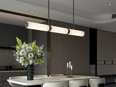 Modern Restaurant Interior with Marble Dining Table Flower Bouquet Candles Long Pendant Lights Dark Cabinets 3d model