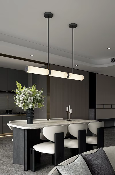 Modern Restaurant Interior with Marble Dining Table Flower Bouquet Candles Long Pendant Lights Dark Cabinets 3d model