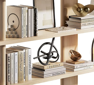 Geometric Decorative Ornament Set With Golden Accents And Stacked Books On Wooden Bookshelf 3d model
