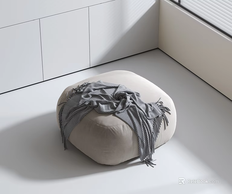 Beige Round Ottoman In Modern Minimalist Interior With Gray Knitted Throw Blanket 3d model 