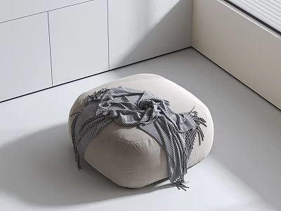 Beige Round Ottoman In Modern Minimalist Interior With Gray Knitted Throw Blanket 3d model