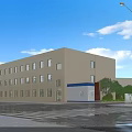 Modern Multi Storey Industrial Factory Building With Large Windows Beige Exterior And Parking Area