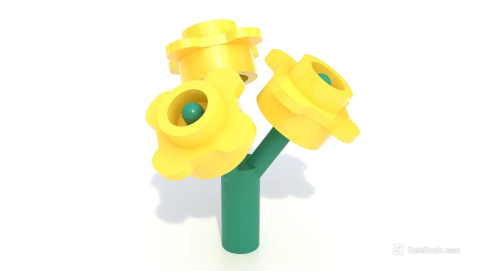 Yellow Flower Shaped Decorative Toy With Green Stem Three Blooms And Green Center Balls 3d model 
