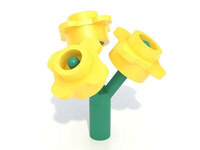 Yellow Flower Shaped Decorative Toy With Green Stem Three Blooms And Green Center Balls 3d model