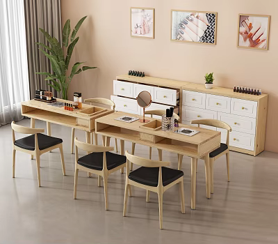 Wooden Desk and Chair Set with Mirror Cosmetics Cabinet and Wall Paintings in Indoor Space 3d model