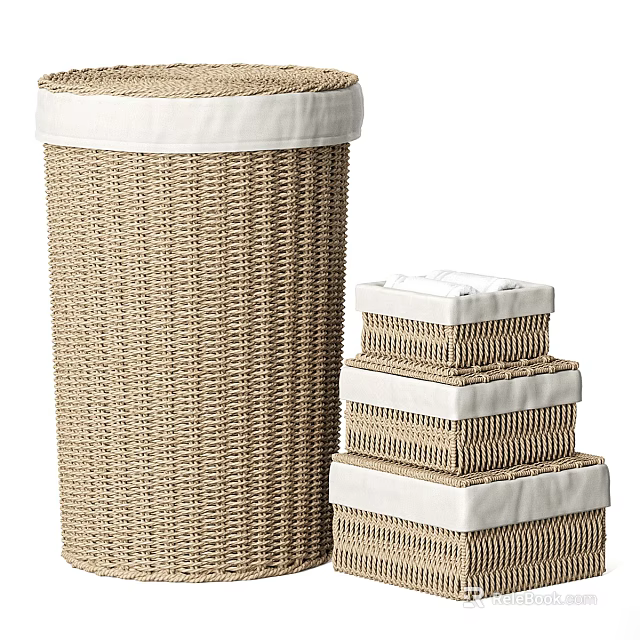 Woven Rattan Laundry Basket With Stackable Storage Boxes And White Trim 3d model 